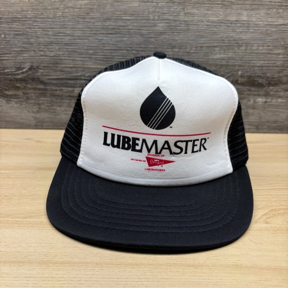 Vintage LubeMaster Hat Cap Snap Back Black White Oil Drop Logo Promo Trucker